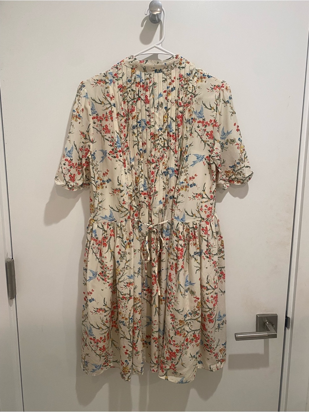 The Kooples Cream Floral Pleated Dress with Blue Bird Motif - Picture 6 of 9